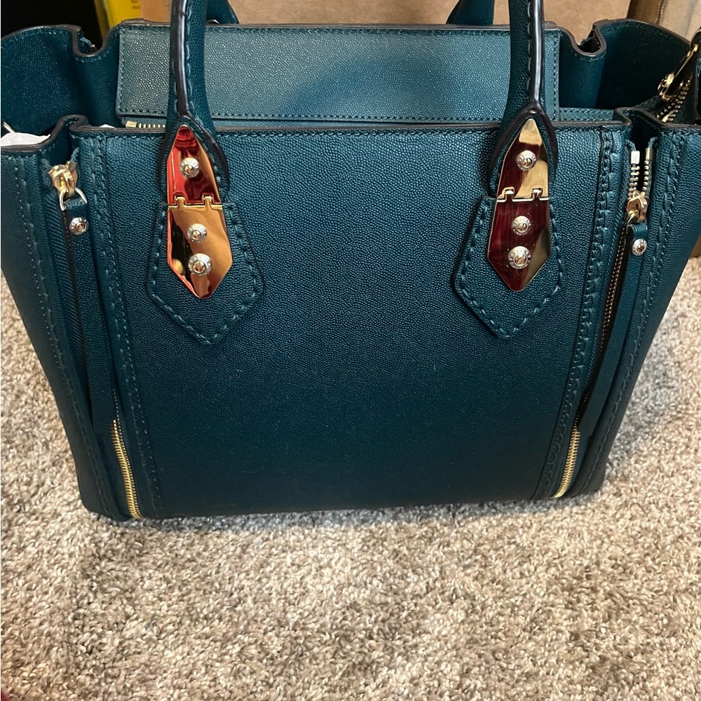 Henri Bendel Teal Satchel with Gold Accents